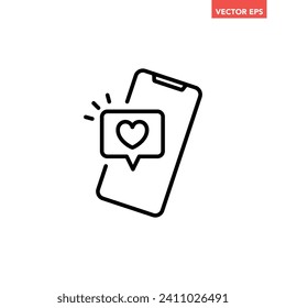 Black single smartphone with heart bubble message line icon, simple digital graphic flat design pictogram, infographic vector for app logo web button ui ux interface isolated on white background