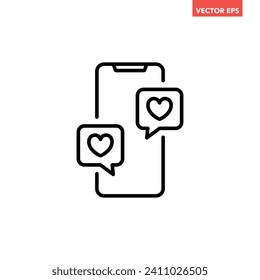 Black single smartphone with heart bubble message line icon, simple digital graphic flat design pictogram, infographic vector for app logo web button ui ux interface isolated on white background