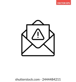 Black single spam mail line icon, simple dangerous mail warning flat design vector pictogram, infographic interface elements for app logo web button ui ux isolated on white background