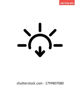 Black single sunset line icon, simple sun falling down flat design vector pictogram, infographic vector for app logo web website button banner ui ux interface elements isolated on white background