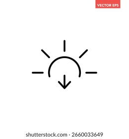 Ícone preto de linha de pôr do sol único, sol simples caindo para baixo pictograma de vetor de design plano, vetor infográfico para o logotipo do aplicativo web site botão banner elementos de interface de ui ux isolados no fundo branco