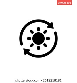 Black single sustainable sun energy icon, simple solar energy conversion flat design infographic pictogram vector for app logo ads web button ui ux interface elements isolated on white background
