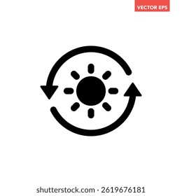 Black single sustainable sun energy icon, simple solar energy conversion flat design infographic pictogram vector for app logo ads web button ui ux interface elements isolated on white background