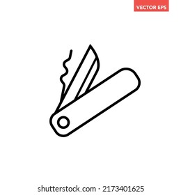 Black single Swiss pocket knife line icon, simple camping tool flat design pictogram, infographic vector for app logo web button ui ux interface elements isolated on white background