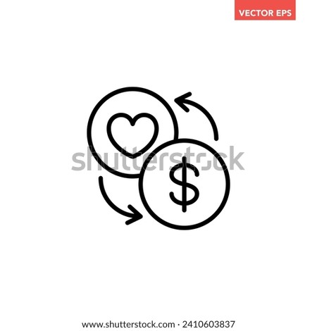 Black single trade love thin line icon, simple donation or heart exchange flat design pictogram, infographic vector for app logo web button ui ux interface elements isolated on white background