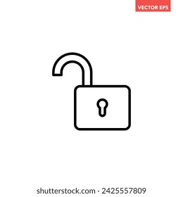 Black single unlock badge line icon, simple safe secure flat design vector pictogram vector for app ads logotype web website button ui ux interface elements isolated on white background