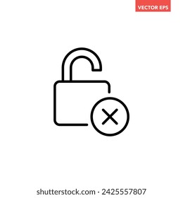Black single unlock failed line icon, simple simple unsafe password protection flat design concept vector for app ads web banner button ui ux interface elements isolated on white background