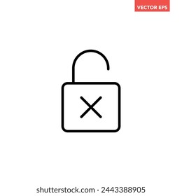 Icono de línea fallida de desbloqueo único negro, vector de concepto de diseño plano de protección de contraseña simple e insegura para anuncios de aplicaciones botón de banner web ui ux elementos de interfaz aislados sobre fondo blanco