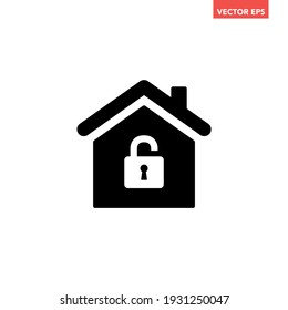 Black Single Unlock House Protection Icon, Simple Released Safe House Defence Flat Design Concept Vector For App Ads Web Banner Button Ui Ux Interface Elements Isolated On White Background