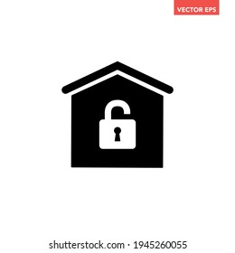 Black single unlock house protection icon, simple released safe house defence flat design concept vector for app ads web banner button ui ux interface elements isolated on white background