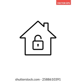 Black single unlock house protection line icon, simple released safe house defence flat design concept vector for app ads web banner button ui ux interface elements isolated on white background