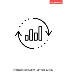 Black single update report graph line icon, simple round financial analysis flat design pictogram vector for app ads web banner button ui ux interface elements isolated on white background