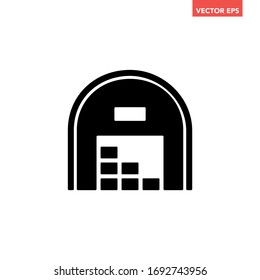 Black single warehouse icon, round shape, simple silhouette industrial building unit flat design pictogram vector for app logo web banner button ui ux interface elements isolated on white background