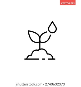 Black single watering plants line icon, simple mseedling for garden flat design vector pictogram, infographic interface elements for app logo web button ui ux isolated on white background