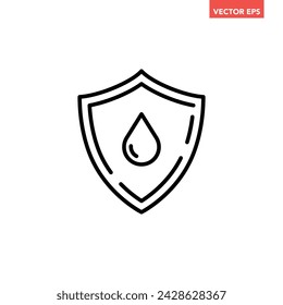 Black single waterproof line icon, simple shield with rain drop proof flat design vector pictogram, infographic interface elements for app logo web button ui ux isolated on white background