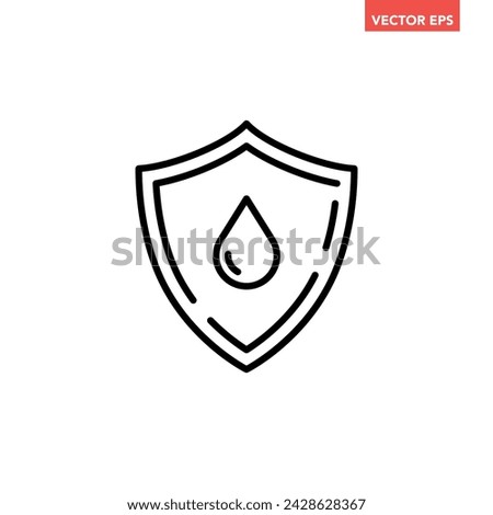 Black single waterproof line icon, simple shield with rain drop proof flat design vector pictogram, infographic interface elements for app logo web button ui ux isolated on white background