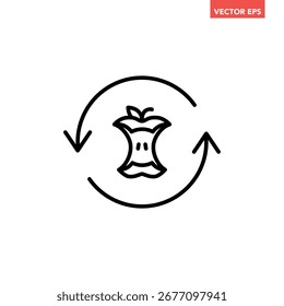 Black single zero food waste recycle line icon, simple organic recycling flat design vector pictogram, infographic interface elements for app logo web button ui ux isolated on white background