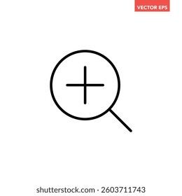 Black single zoom in line icon. Simple magnifier glass flat design vector pictogram, infographic vector for app logo web button banner ui ux interface elements isolated on white background