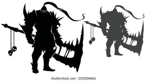 A black sinister silhouette with a bully knight in spiked heavy armor with a huge axe with a chipped blade and skulls hanging on chains. his helmet has a long tail fluttering in the wind 2d art