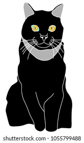 
Black sitting cat with green eyes, vector