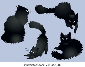 Black sitting cat isolated. Black fluffy cat. Halloween gothic spooky cat. Halloween or pagan witchcraft theme. Isolated feline housecat. Black domestic kitten. Bad luck symbol. Cat silhouette. scary.