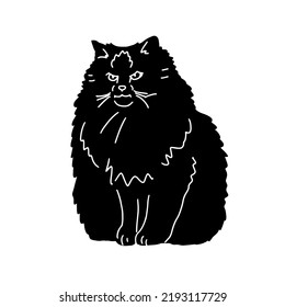 Black sitting cat silhouette isolated on white background. Cute kitty. Print design for t-shirts, stickers, souvenirs. humorous animals. Flat style in vector illustration. 