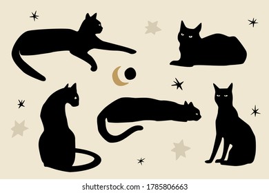 Black sitting cats. Silhouettes of cats, sun, stars, and moon. Modern flat vector illustration isolated on gray background. Black magic concept.