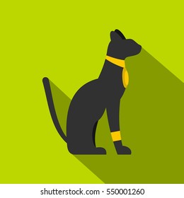 Black sitting Egyptian cat icon. Flat illustration of black sitting Egyptian cat vector icon for web isolated on lime background