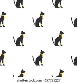 Black sitting Egyptian cat pattern seamless background in flat style repeat vector illustration