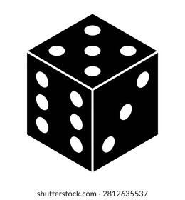 A black six sided dice with white dots on a plain background, symbolizing chance and probability