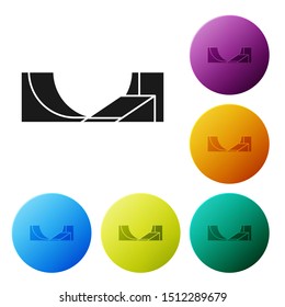 Black Skate park icon isolated on white background. Set of ramp, roller, stairs for a skatepark. Extreme sport. Set icons colorful circle buttons. Vector Illustration