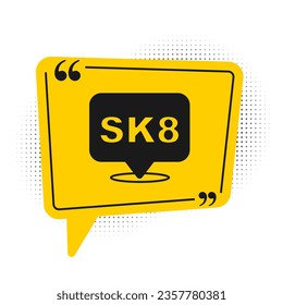 Black Skateboard icon isolated on white background. Extreme sport. Sport equipment. Yellow speech bubble symbol. Vector