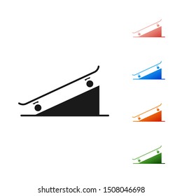 Black Skateboard on street ramp icon isolated on white background. Extreme sport. Sport equipment. Set icons colorful. Vector Illustration