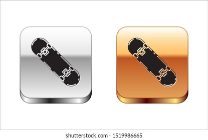 Black Skateboard trick icon isolated on white background. Extreme sport. Sport equipment. Silver-gold square button. Vector Illustration