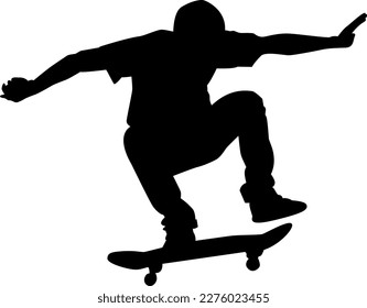 Silueta de skateboarder negro sobre fondo blanco