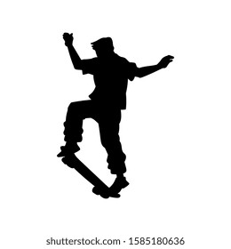 Black skateboarder teen silhouette in mid jump dynamic position - isolated flat outline of man doing extreme sport stunt and jumping with skateboard. Vector illustration