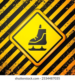 Black Skates icon isolated on yellow background. Ice skate shoes icon. Sport boots with blades. Warning sign. Vector Illustration