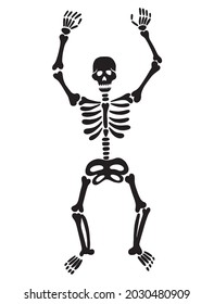 A black skeleton is dancing with his hands raised. Vector illustration