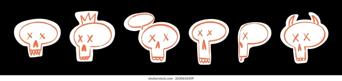 Black skeleton face with crayon texture and bow, cute spooky Halloween character. Flat vector illustration isolated