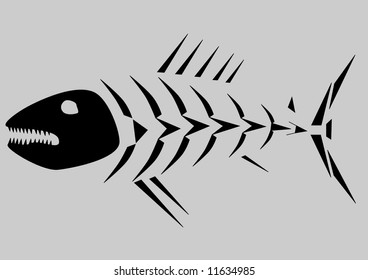 Black skeleton of fish isolated on grey background