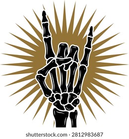 A black skeleton hand making the 'rock on' sign, set against a radiant golden starburst design.