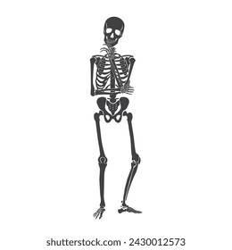 Black skeleton thinking, scary pensive character in doubt standing in thoughtful pose vector illustration