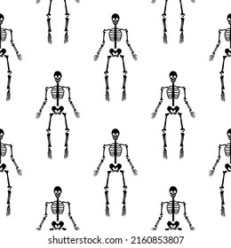Black skeletons in various poses pattern. Halloween design. Perfect for fall, holidays, fabric, textile. Seamless repeat swatch.