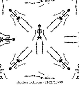 Black skeletons in various poses pattern. Halloween design. Perfect for fall, holidays, fabric, textile. Seamless repeat swatch.