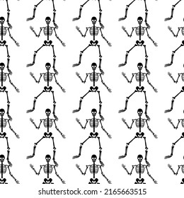 Black skeletons in various poses pattern. Halloween design. Perfect for fall, holidays, fabric, textile. Seamless repeat swatch.