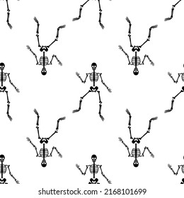 Black skeletons in various poses pattern. Halloween design. Perfect for fall, holidays, fabric, textile. Seamless repeat swatch.