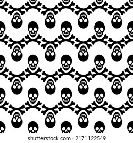 Black skeletons in various poses pattern. Halloween design. Perfect for fall, holidays, fabric, textile. Seamless repeat swatch.
