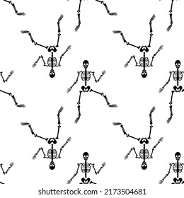 Black skeletons in various poses pattern. Halloween design. Perfect for fall, holidays, fabric, textile. Seamless repeat swatch.