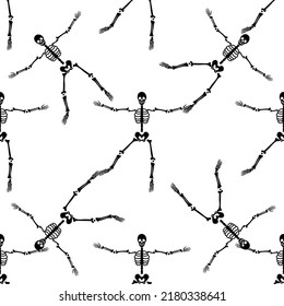 Black skeletons in various poses pattern. Halloween design. Perfect for fall, holidays, fabric, textile. Seamless repeat swatch.