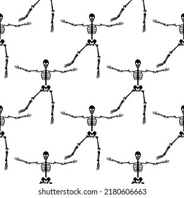Black skeletons in various poses pattern. Halloween design. Perfect for fall, holidays, fabric, textile. Seamless repeat swatch.